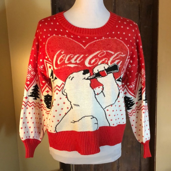 COCA COLA Size XS Snow Polarbear Sweater Cozy ChristmasTree Coke Drinking $69NEW - Picture 2 of 16